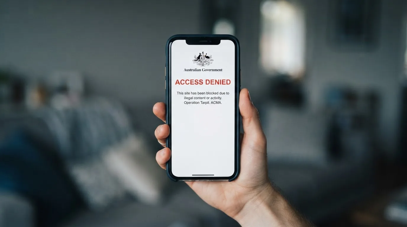 A smartphone screen showing a plain government warning notice about a blocked website, held against a blurred background.