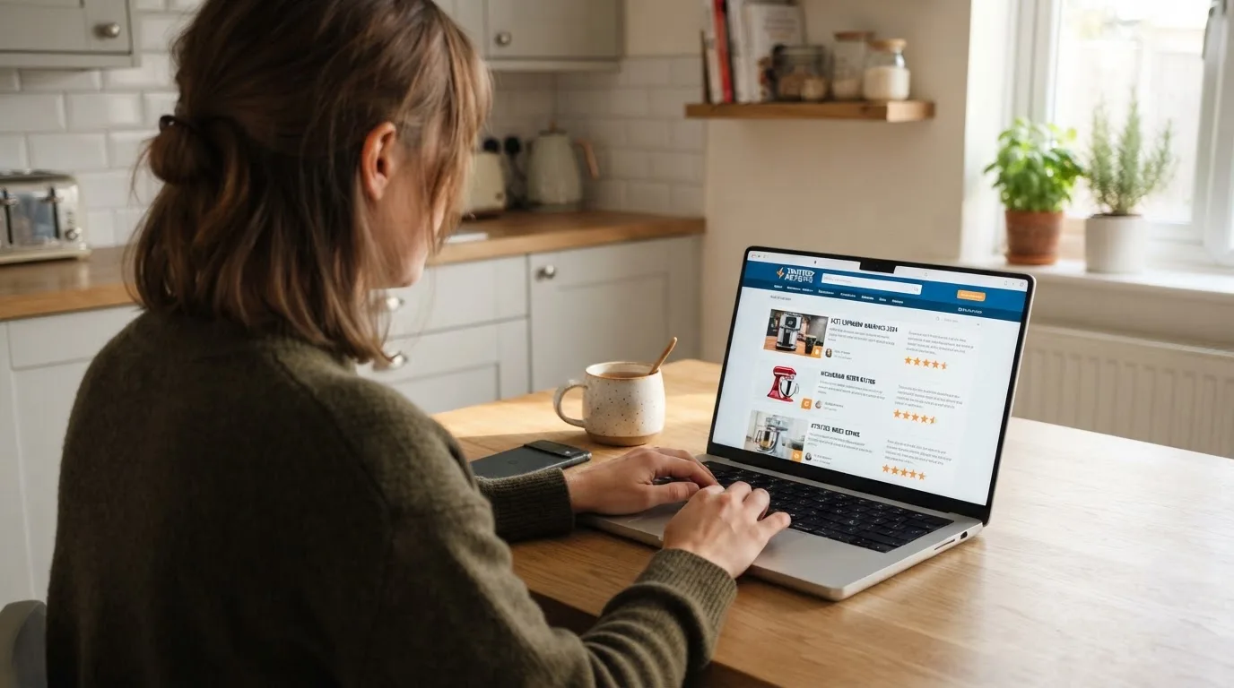 A person at a kitchen table scrolling through review pages on a laptop, phone face-down beside them.