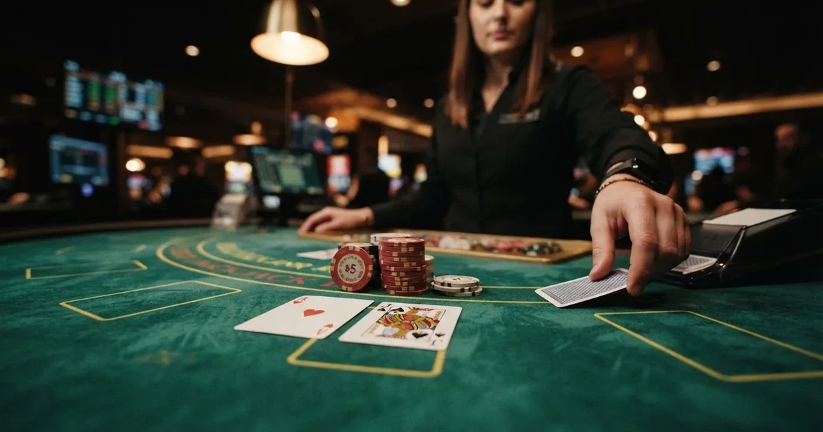 A close-up of a green felt gaming table with cards and chips mid-hand.