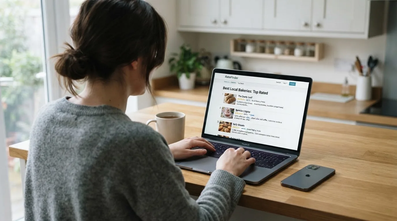 A person at a kitchen table scrolling through review pages on a laptop, phone face-down beside them.