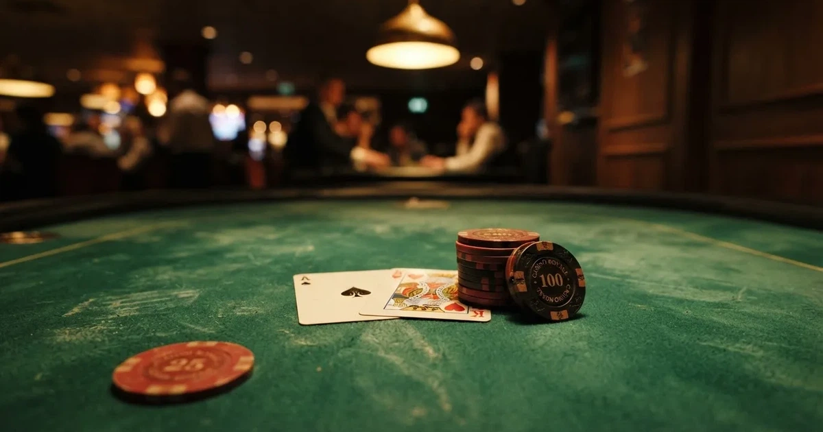 A close-up of a green felt gaming table with cards and chips mid-hand.
