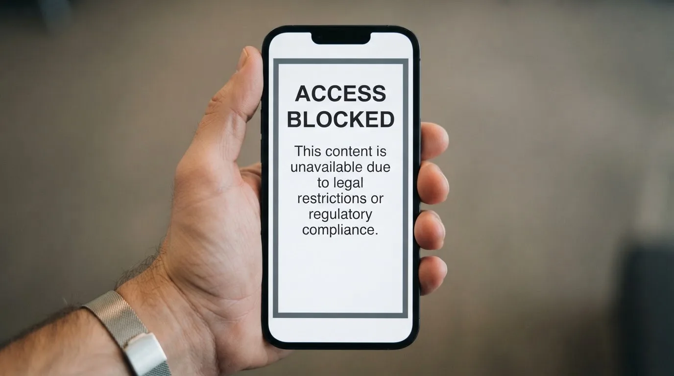 A smartphone screen showing a plain government warning notice about a blocked website, held against a blurred background.
