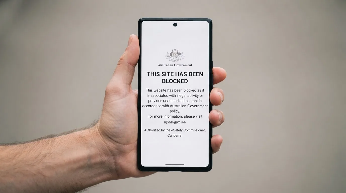 A smartphone screen showing a plain government warning notice about a blocked website, held against a blurred background.