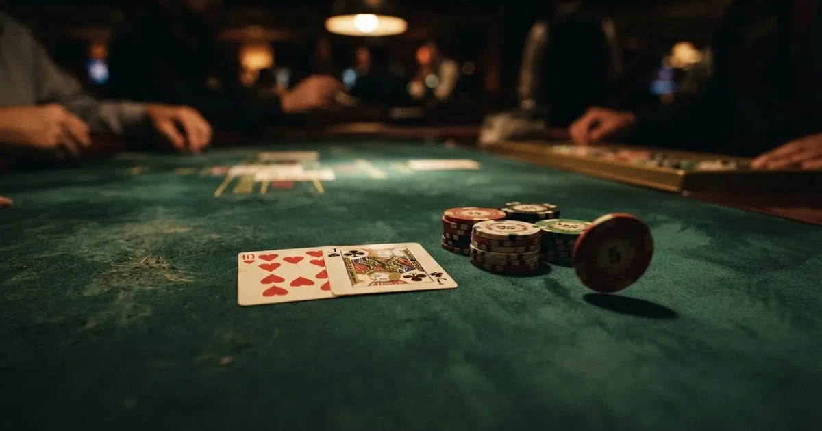 A close-up of a green felt gaming table with cards and chips mid-hand.