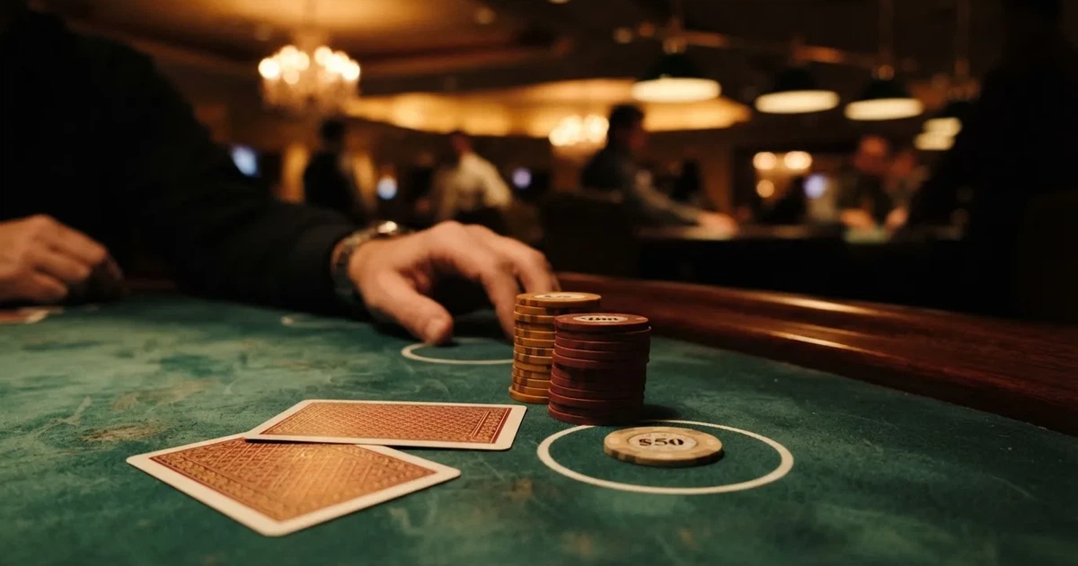 A close-up of a green felt gaming table with cards and chips mid-hand.