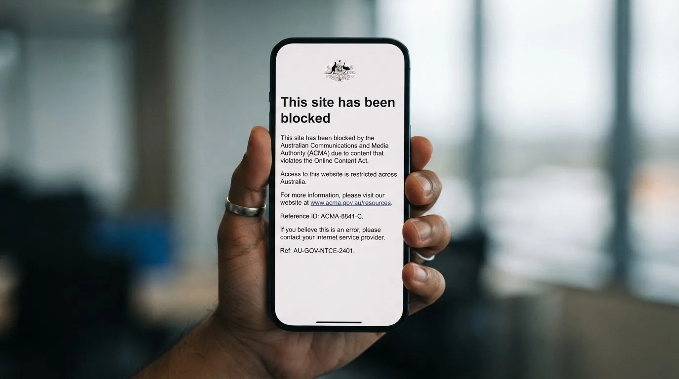 A smartphone screen showing a plain government warning notice about a blocked website, held against a blurred background.