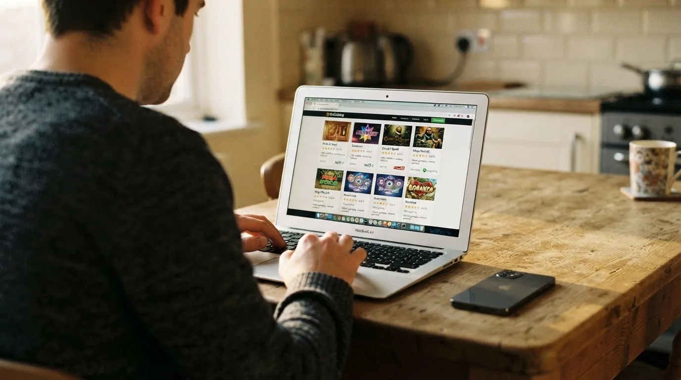 A person at a kitchen table scrolling through review pages on a laptop, phone face-down beside them.