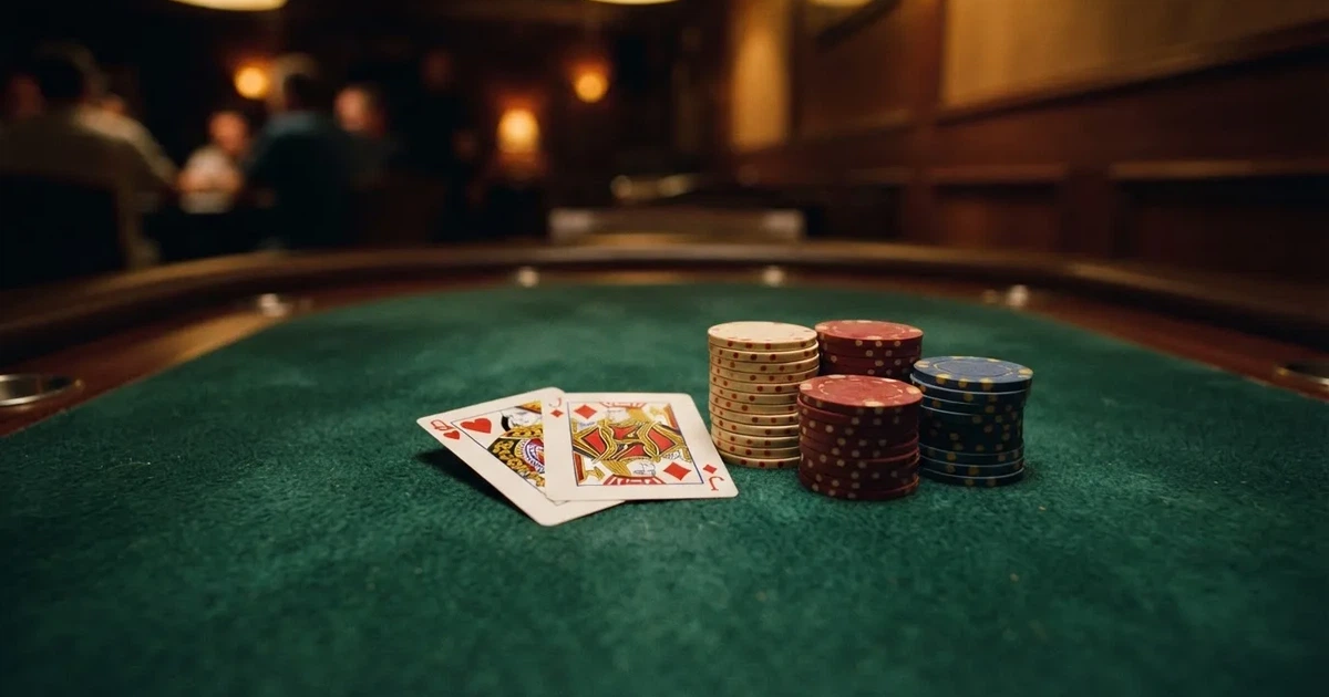 A close-up of a green felt gaming table with cards and chips mid-hand.