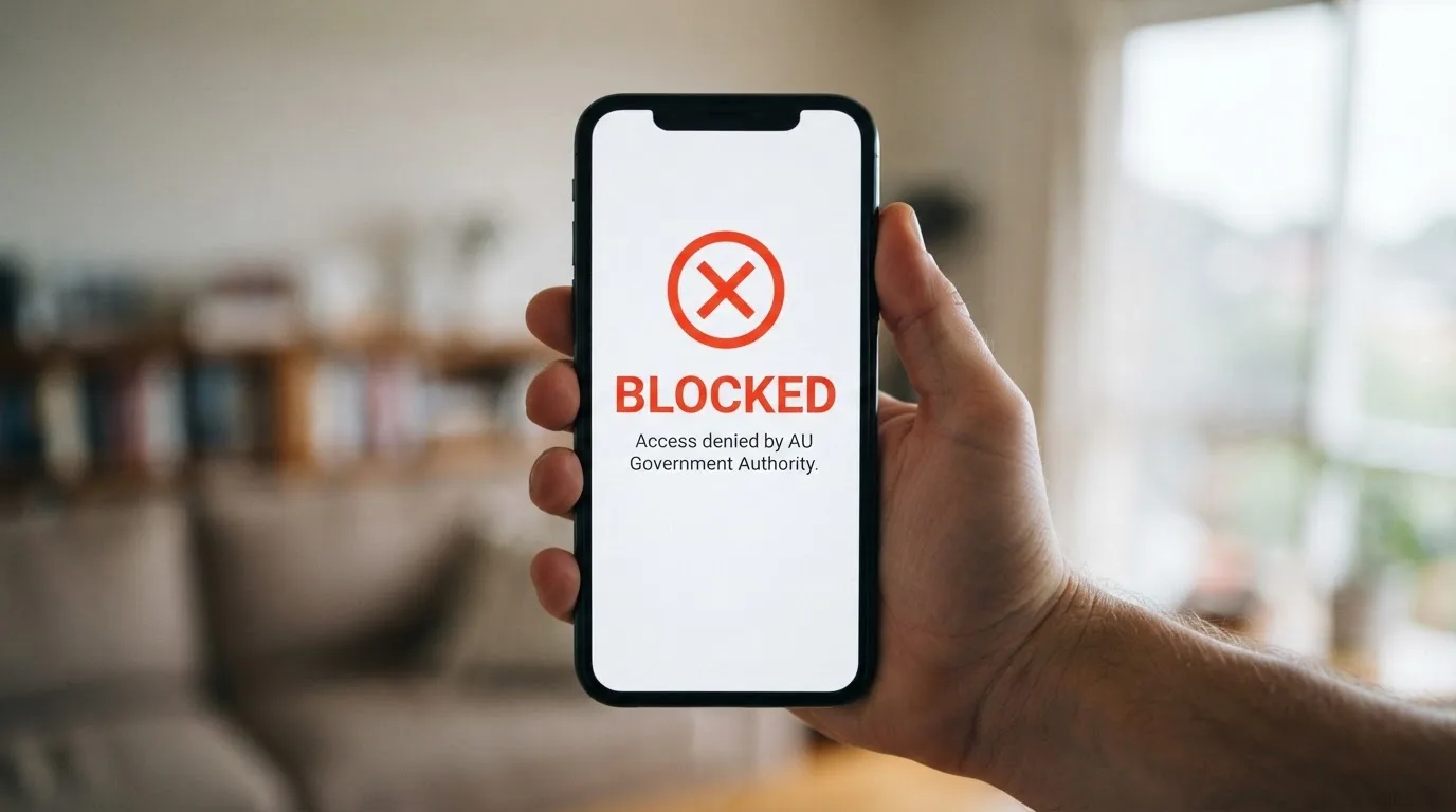 A smartphone screen showing a plain government warning notice about a blocked website, held against a blurred background.