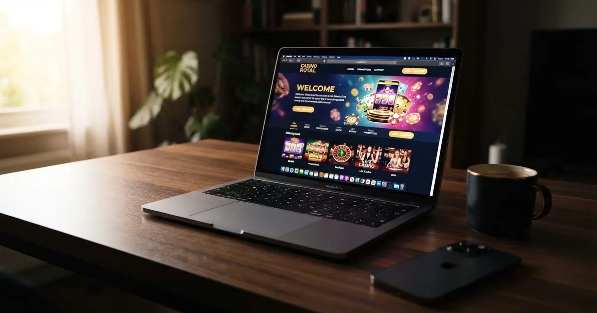 A laptop screen showing a freshly loaded website homepage, its content blurred out.