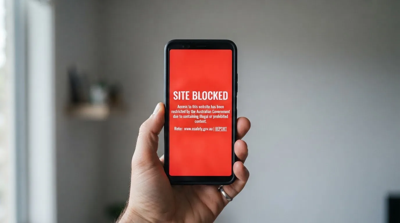 A smartphone screen showing a plain government warning notice about a blocked website, held against a blurred background.