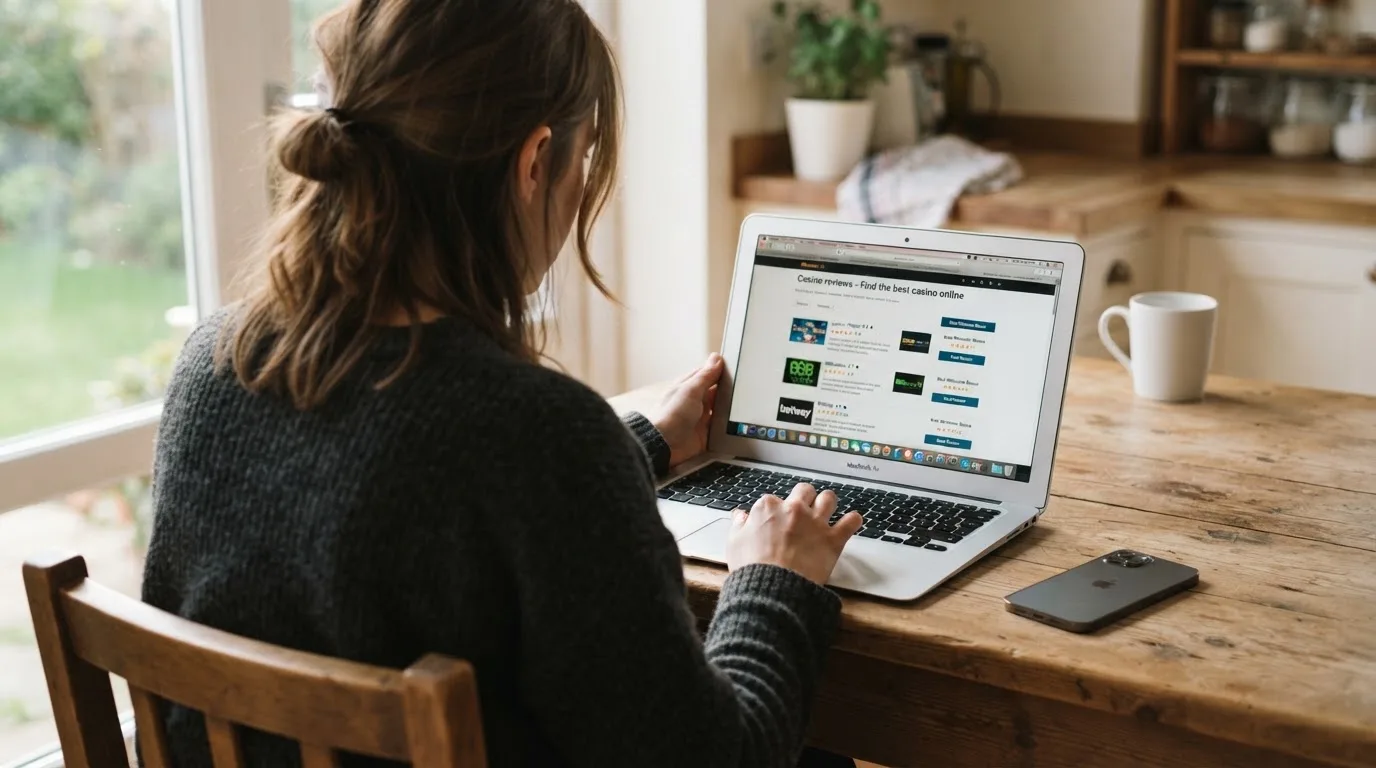 A person at a kitchen table scrolling through review pages on a laptop, phone face-down beside them.