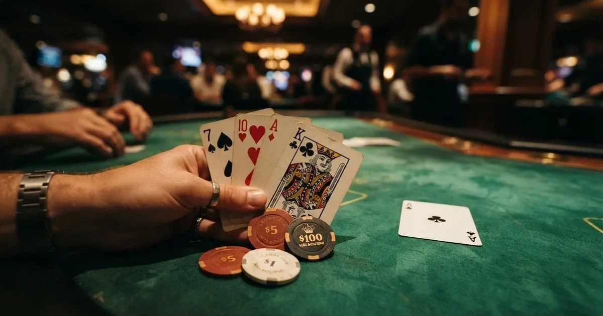 A close-up of a green felt gaming table with cards and chips mid-hand.