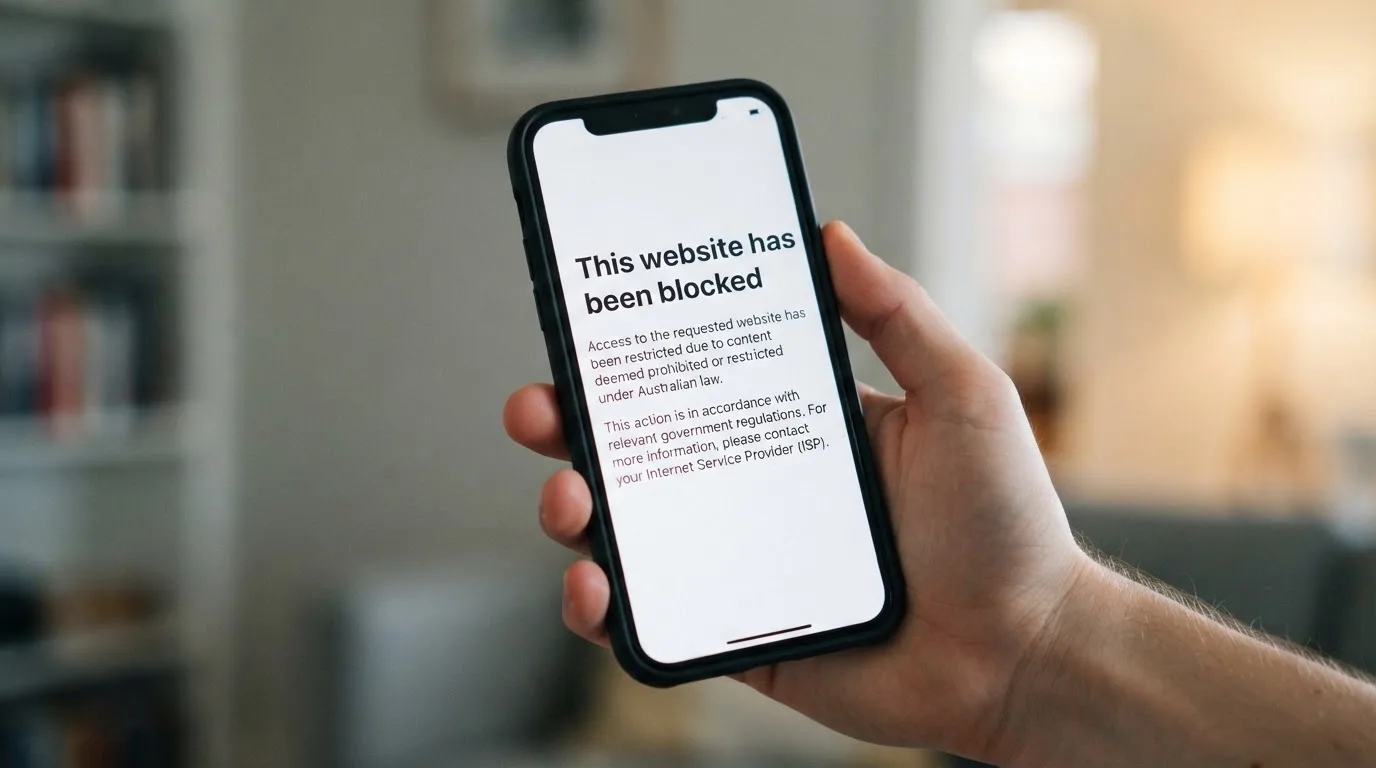 A smartphone screen showing a plain government warning notice about a blocked website, held against a blurred background.