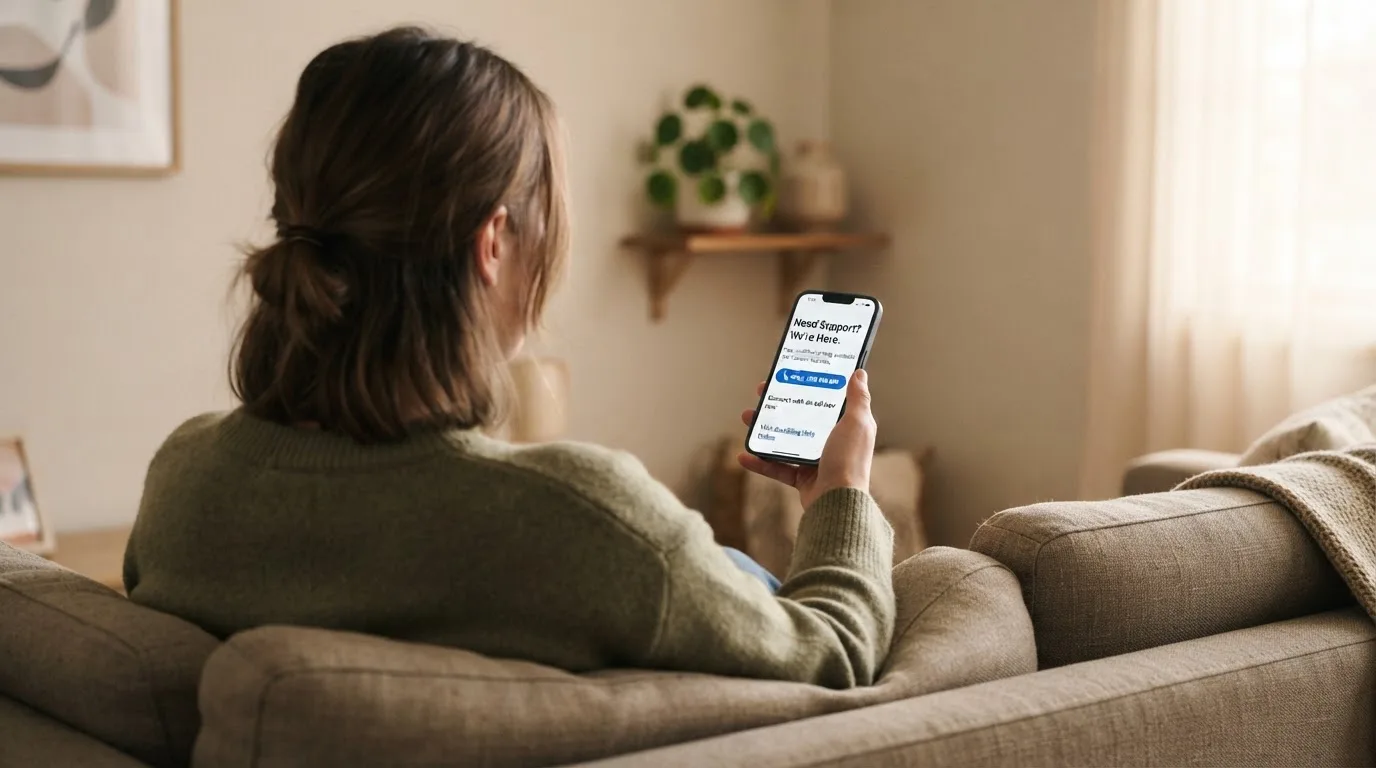 A person sitting calmly with a phone open to a support helpline page, no gaming screen visible.