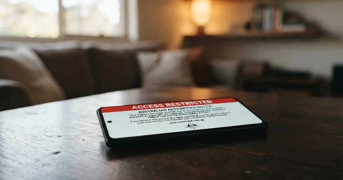 A smartphone screen showing a plain government warning notice about a blocked website, held against a blurred background.