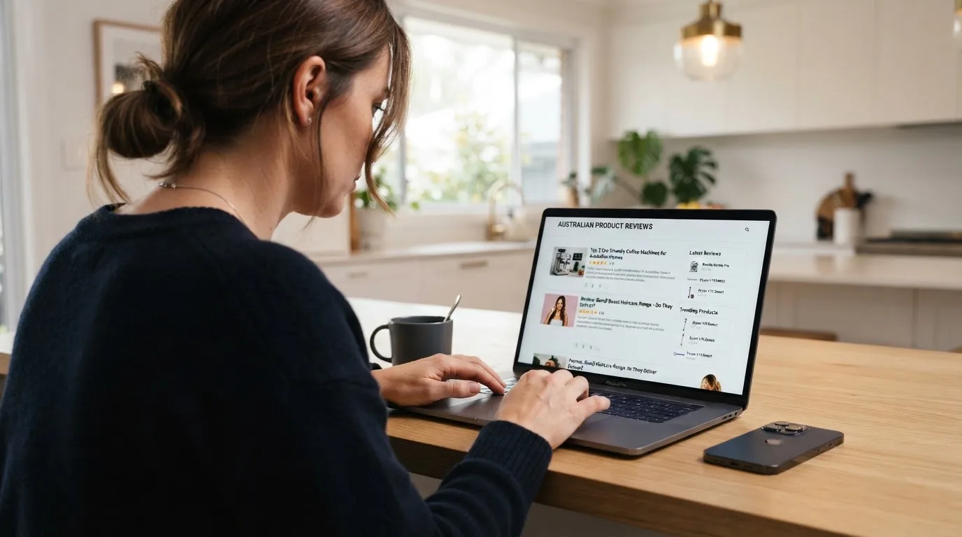 A person at a kitchen table scrolling through review pages on a laptop, phone face-down beside them.