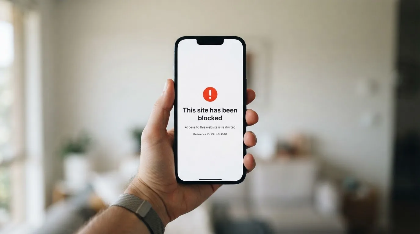 A smartphone screen showing a plain government warning notice about a blocked website, held against a blurred background.