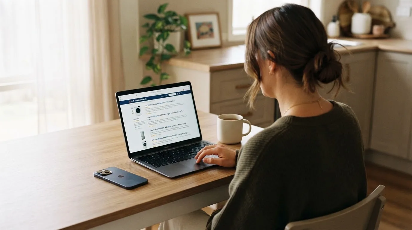 A person at a kitchen table scrolling through review pages on a laptop, phone face-down beside them.