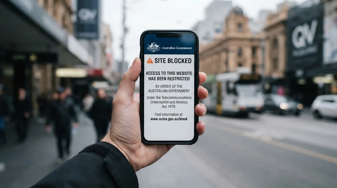 A smartphone screen showing a plain government warning notice about a blocked website, held against a blurred background.