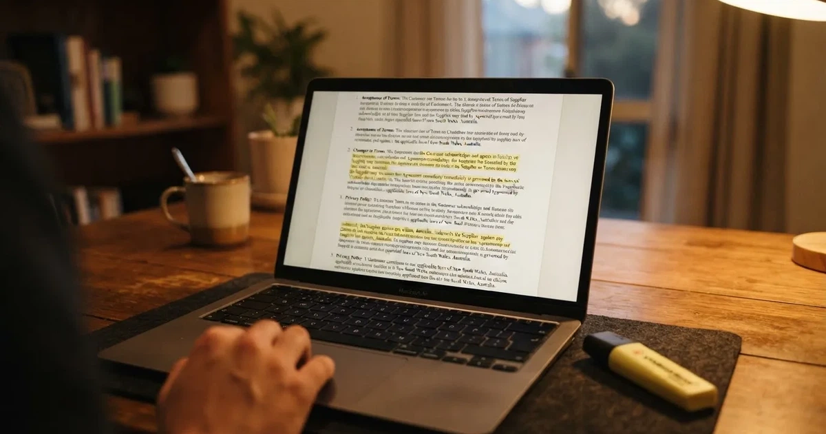 A laptop screen showing a page of terms and conditions text with a highlighter resting nearby.