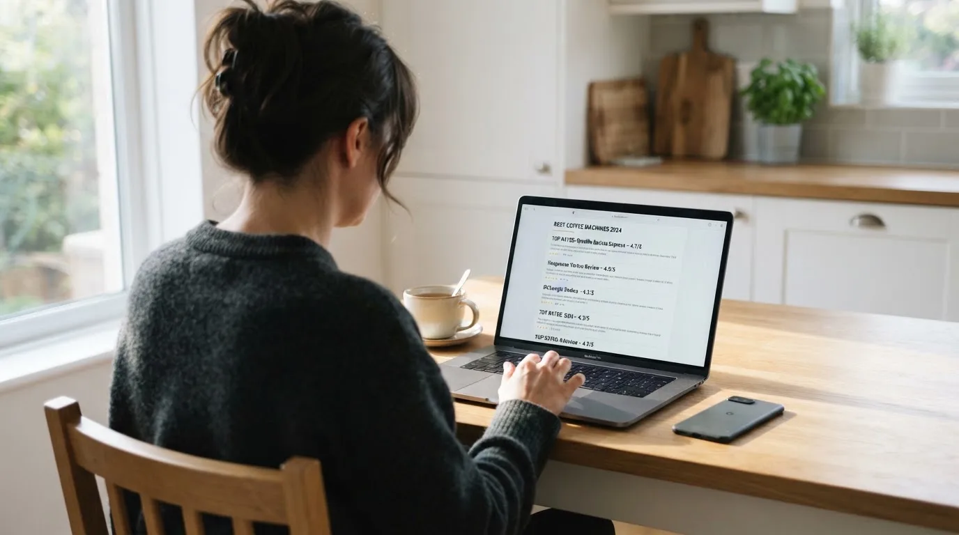 A person at a kitchen table scrolling through review pages on a laptop, phone face-down beside them.
