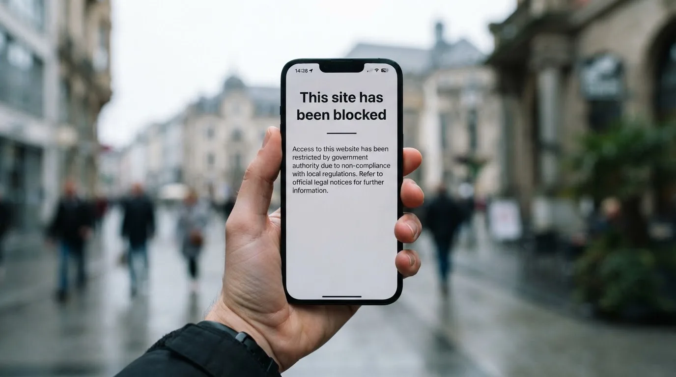A smartphone screen showing a plain government warning notice about a blocked website, held against a blurred background.