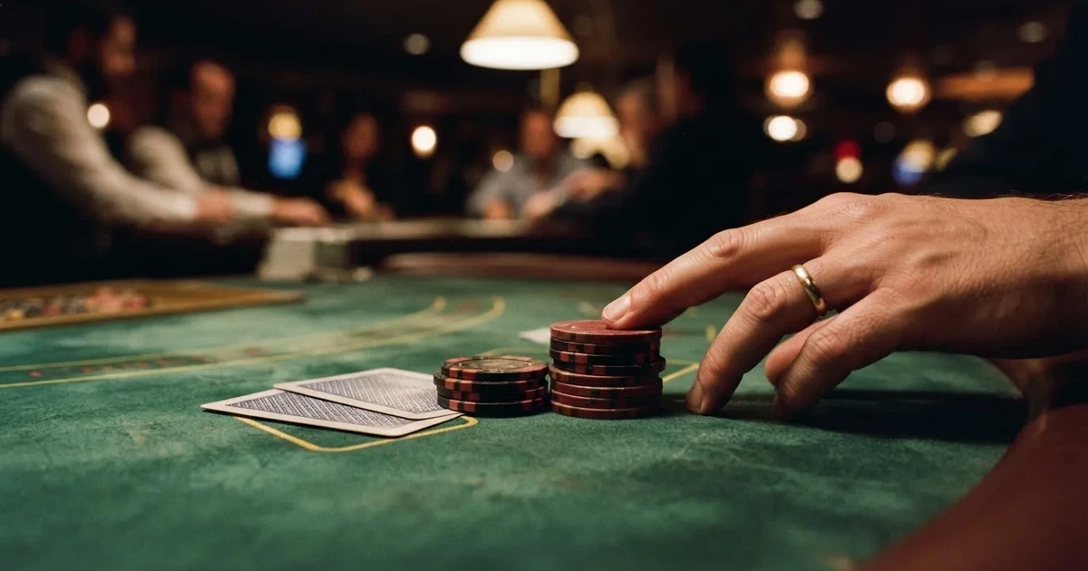 A close-up of a green felt gaming table with cards and chips mid-hand.