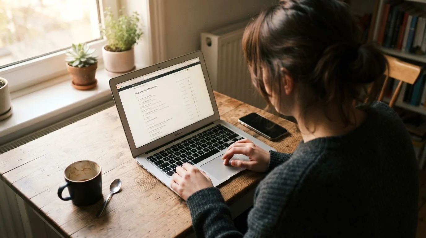 A person at a kitchen table scrolling through review pages on a laptop, phone face-down beside them.