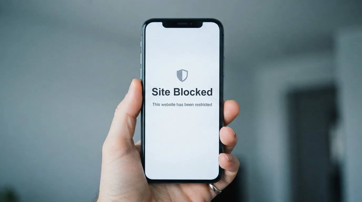 A smartphone screen showing a plain government warning notice about a blocked website, held against a blurred background.