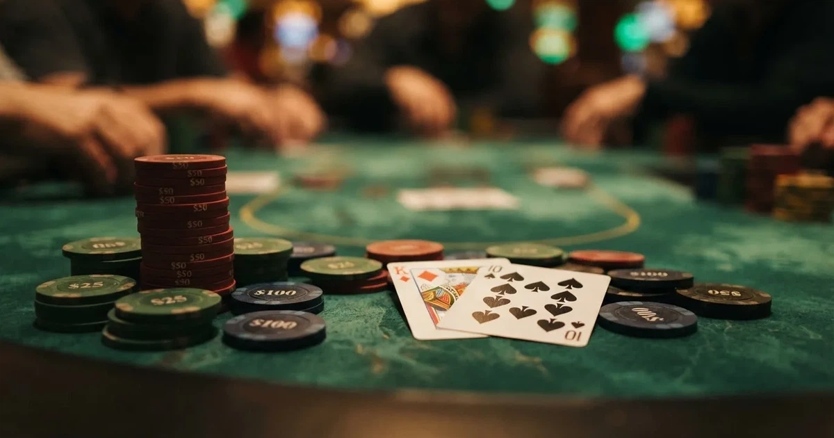 A close-up of a green felt gaming table with cards and chips mid-hand.