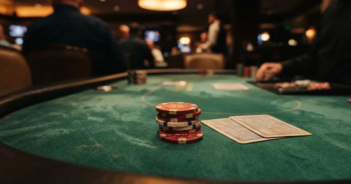 A close-up of a green felt gaming table with cards and chips mid-hand.
