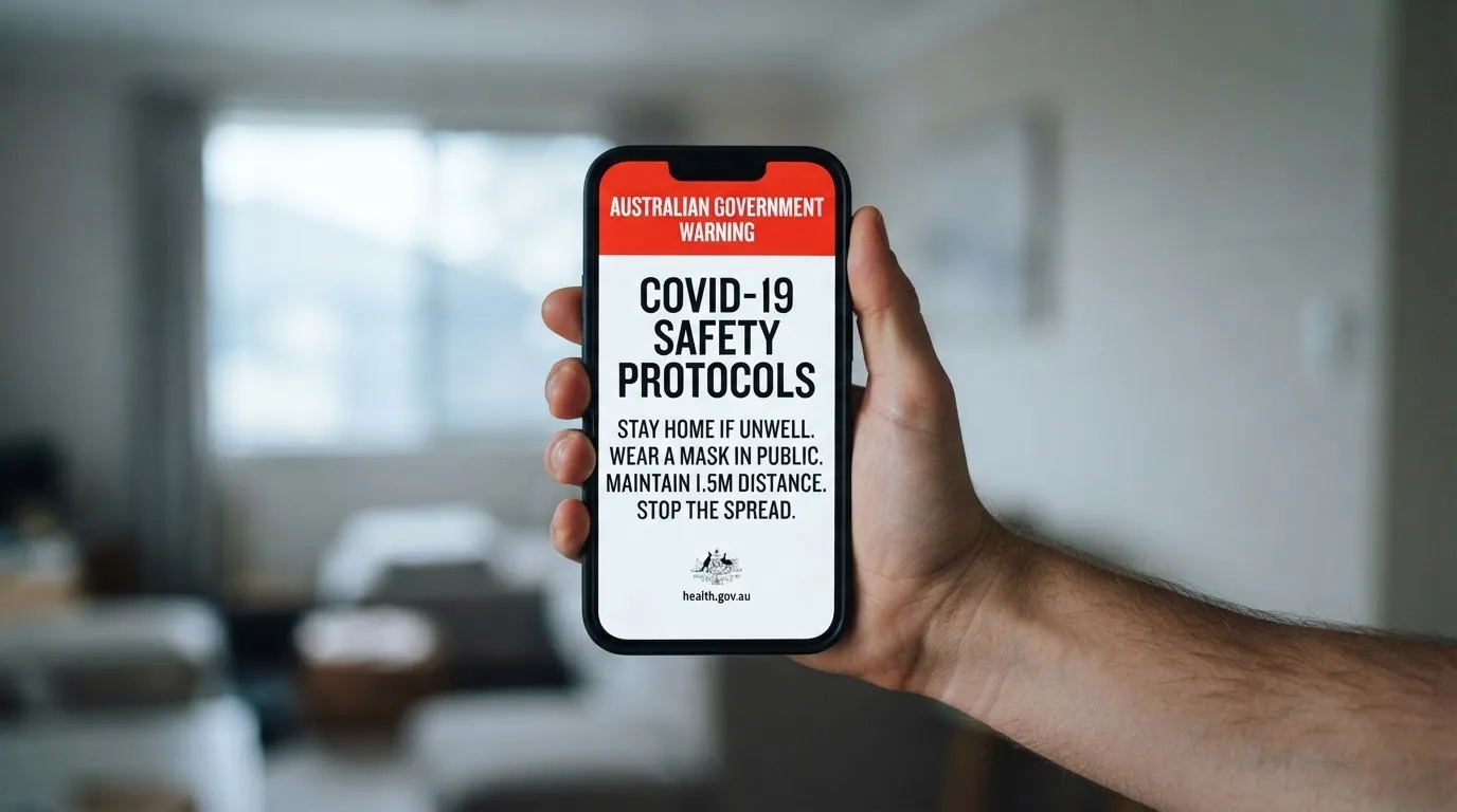 A smartphone screen showing a plain government warning notice about a blocked website, held against a blurred background.