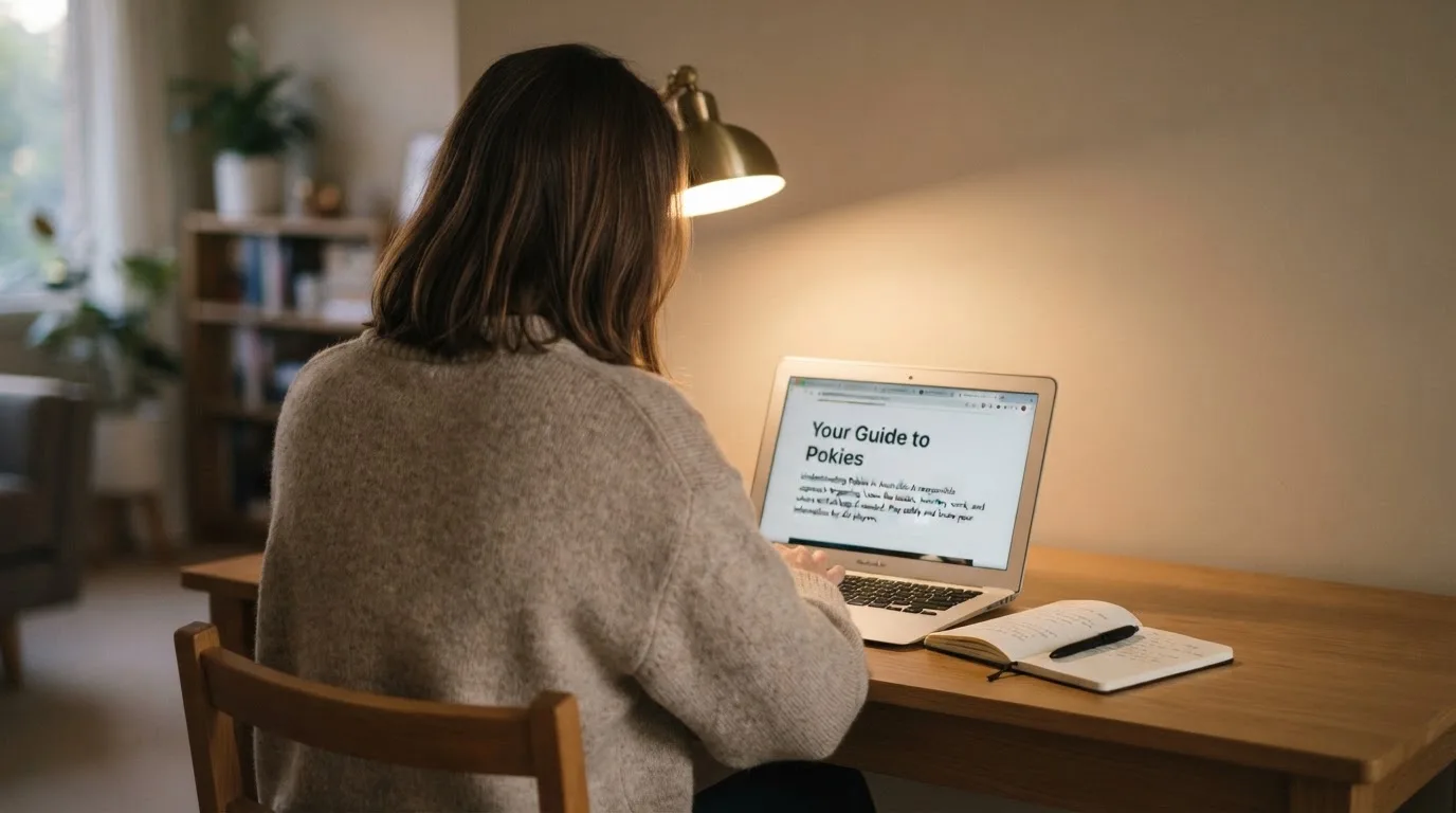 A person at a laptop reading a plain-language explainer article at a home desk.