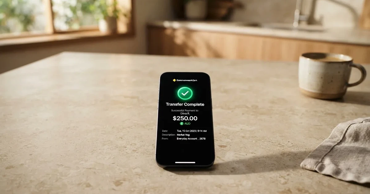 A close-up of a banking app on a smartphone showing a same-day transfer confirmation on a kitchen table.
