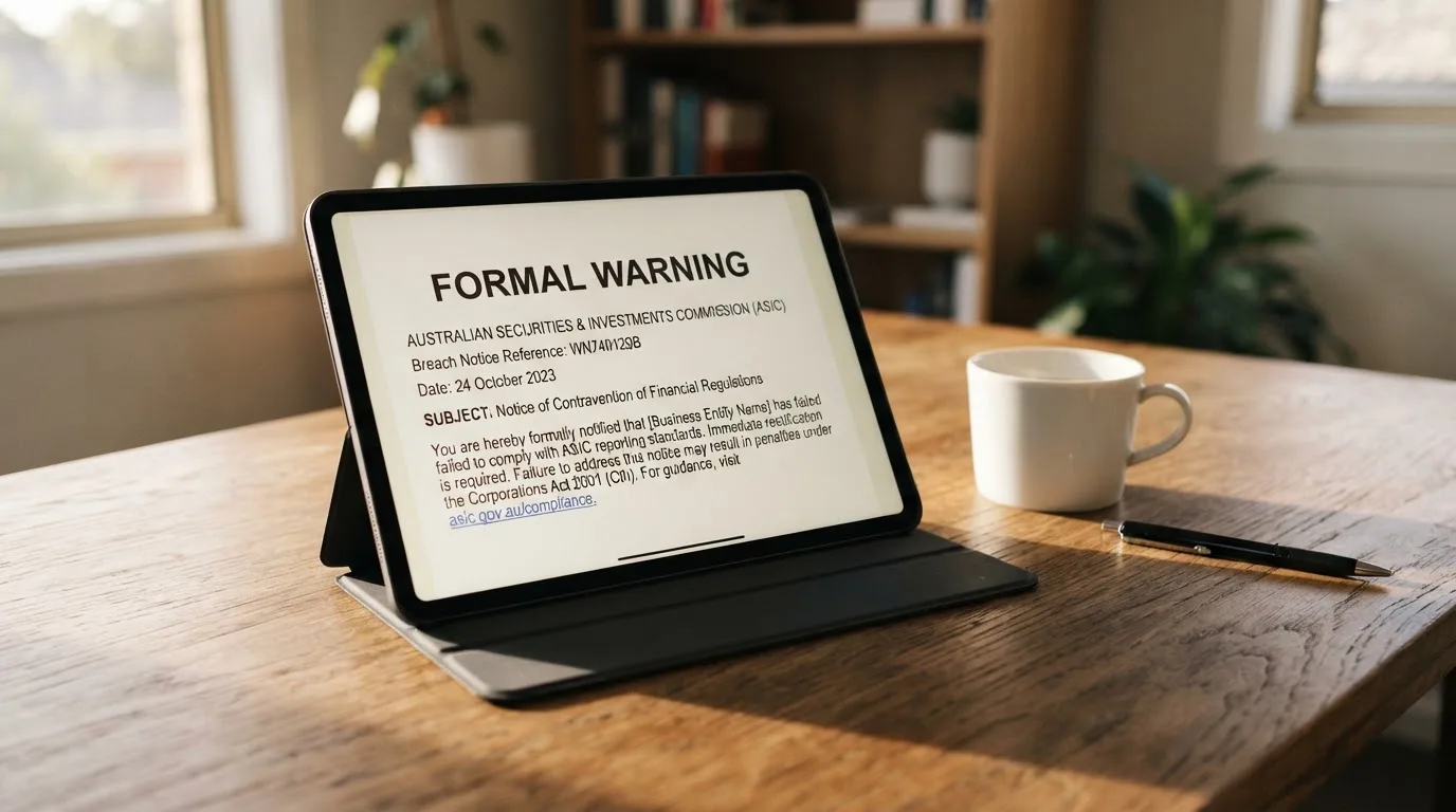 A tablet screen displaying an official regulator warning notice on a desk beside a coffee cup.