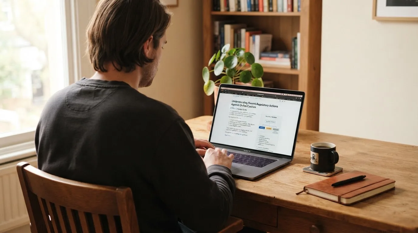 A person at a laptop reading a plain-language explainer article at a home desk.