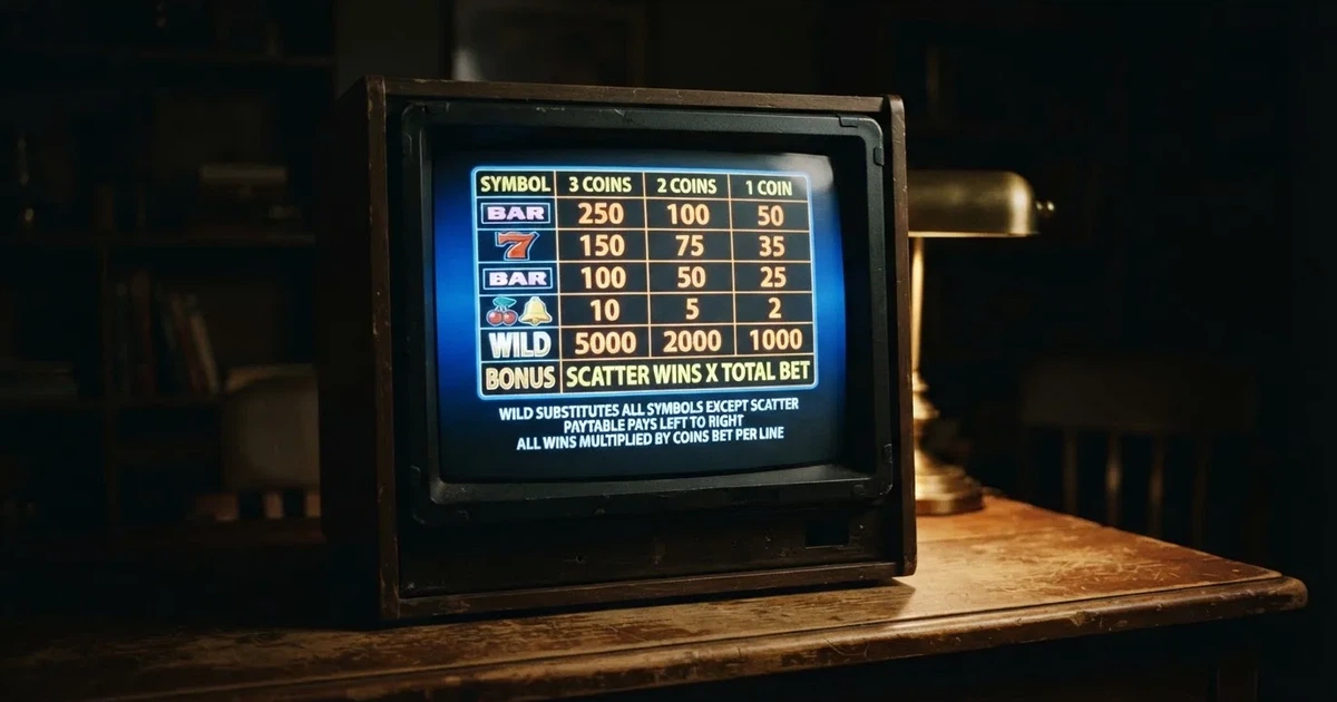 A slot machine's paytable screen glowing on a monitor in a dim room.