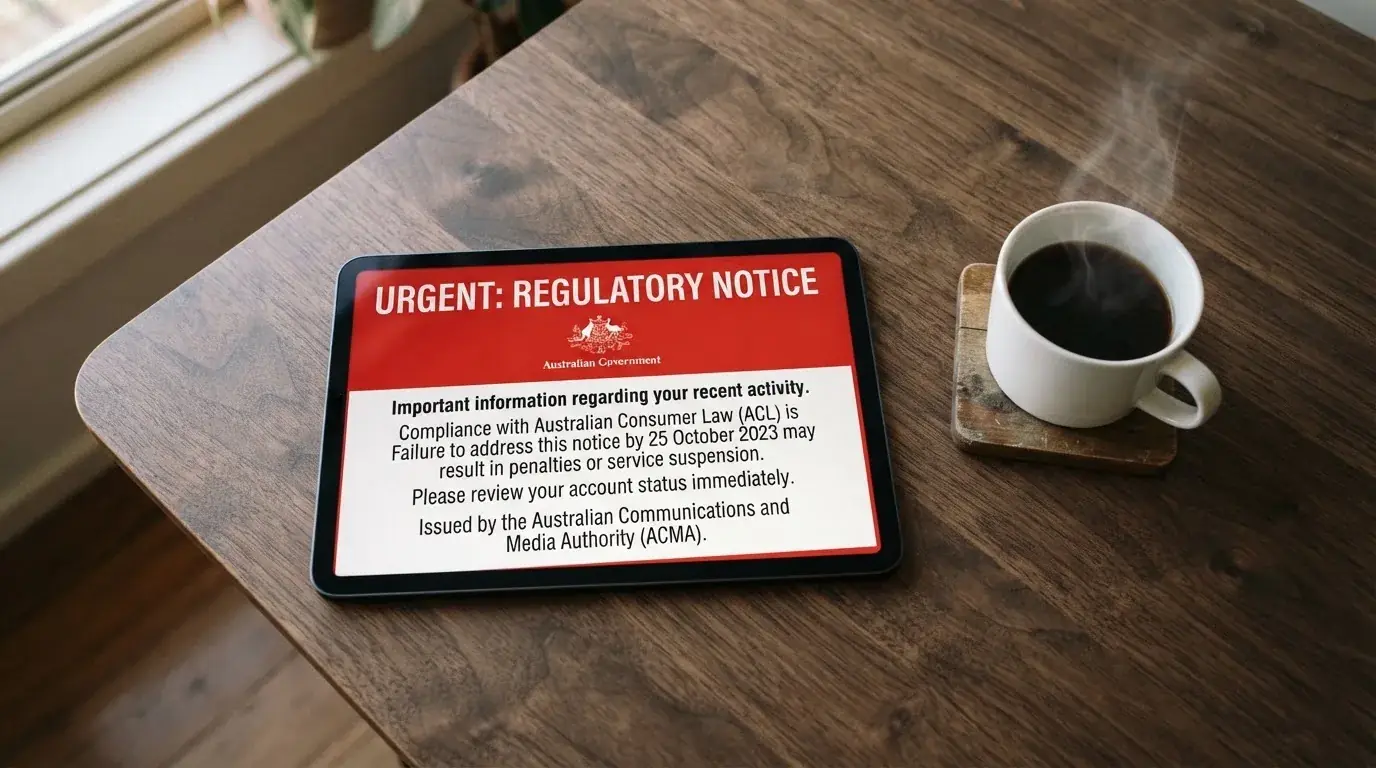 A tablet screen displaying an official regulator warning notice on a desk beside a coffee cup.