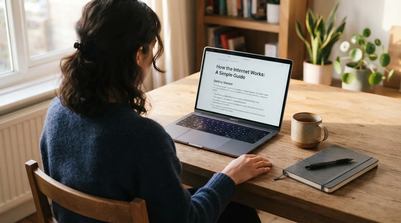 A person at a laptop reading a plain-language explainer article at a home desk.