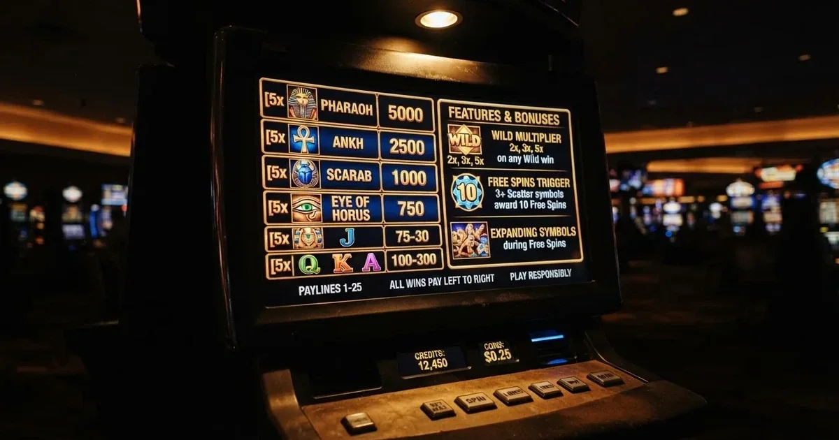 A slot machine's paytable screen glowing on a monitor in a dim room.