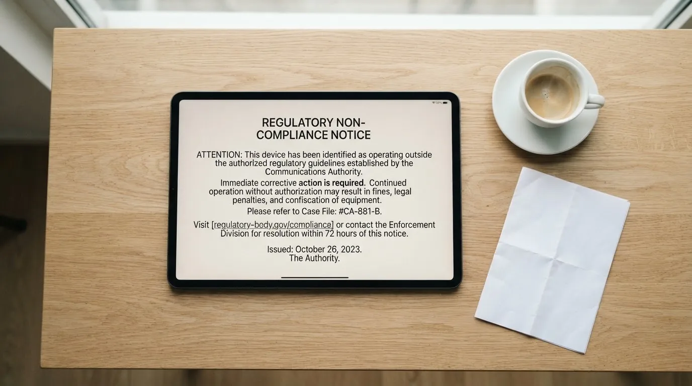 A tablet screen displaying an official regulator warning notice on a desk beside a coffee cup.