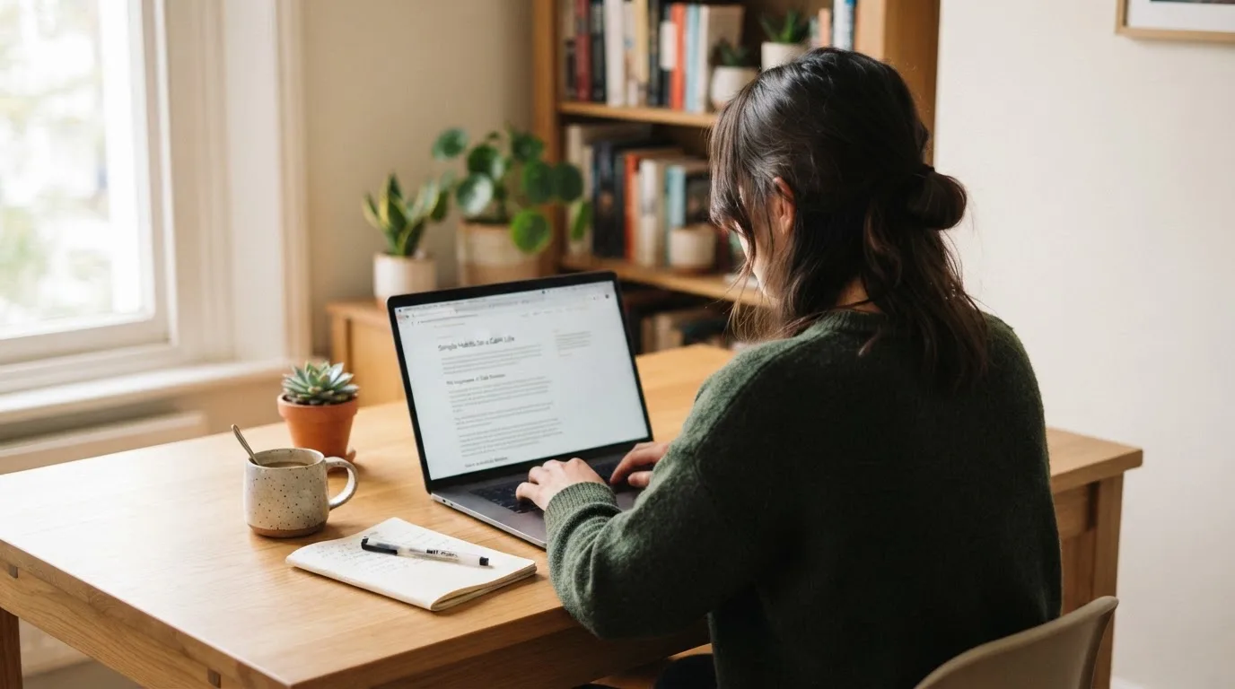 A person at a laptop reading a plain-language explainer article at a home desk.