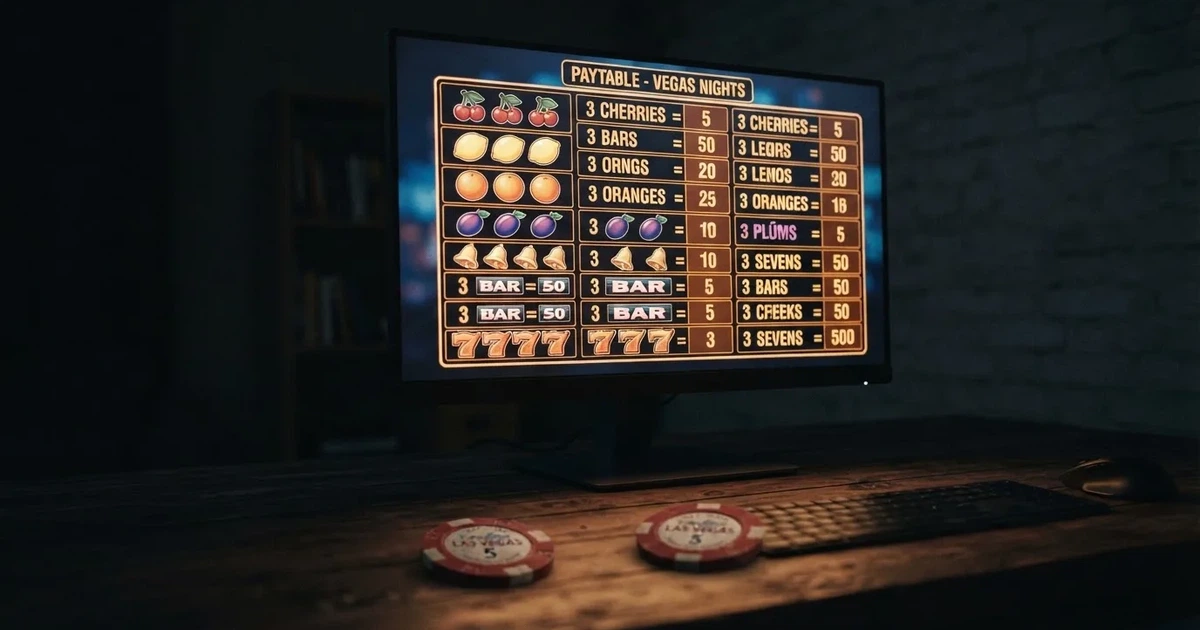 A slot machine's paytable screen glowing on a monitor in a dim room.