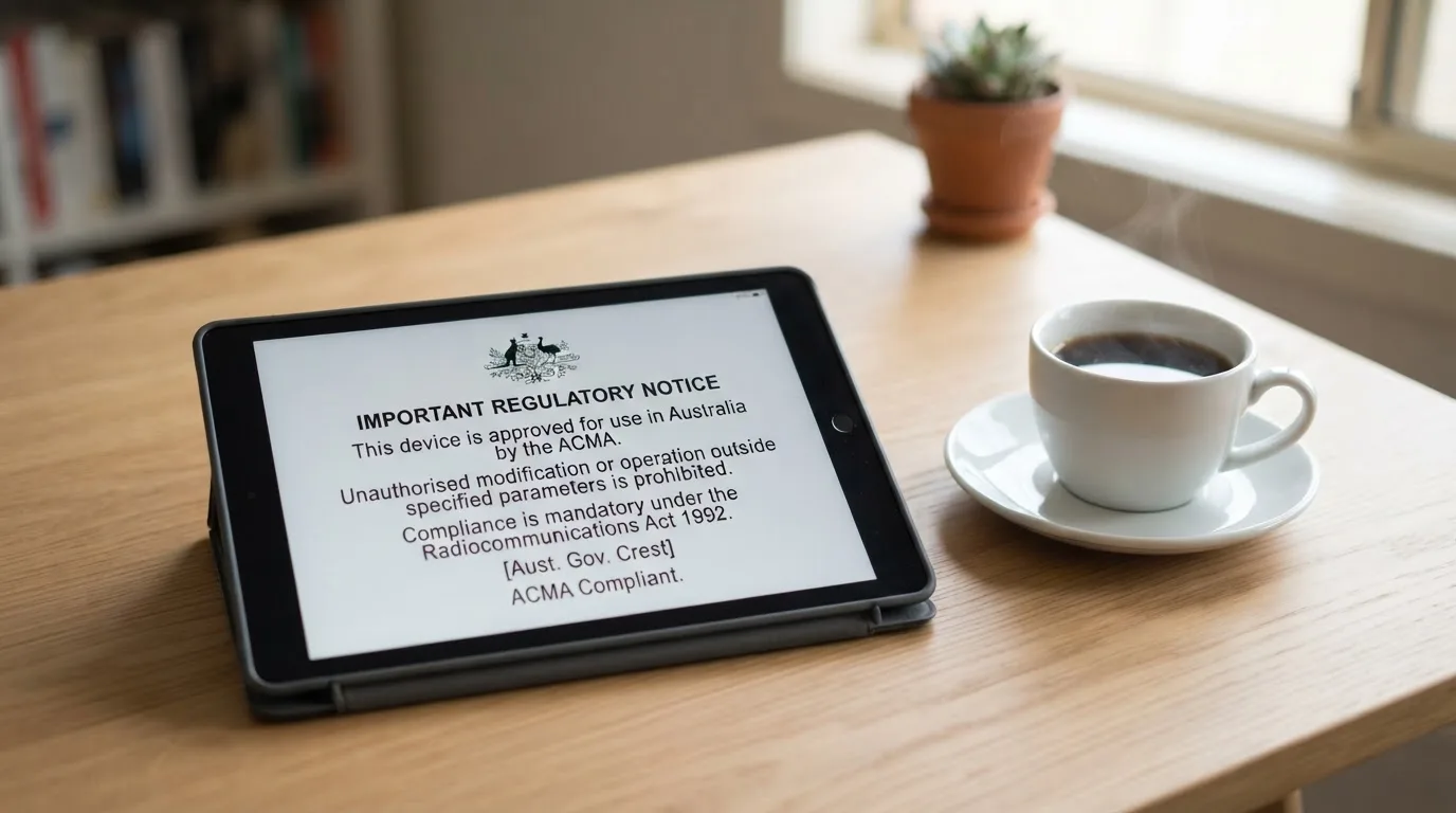 A tablet screen displaying an official regulator warning notice on a desk beside a coffee cup.