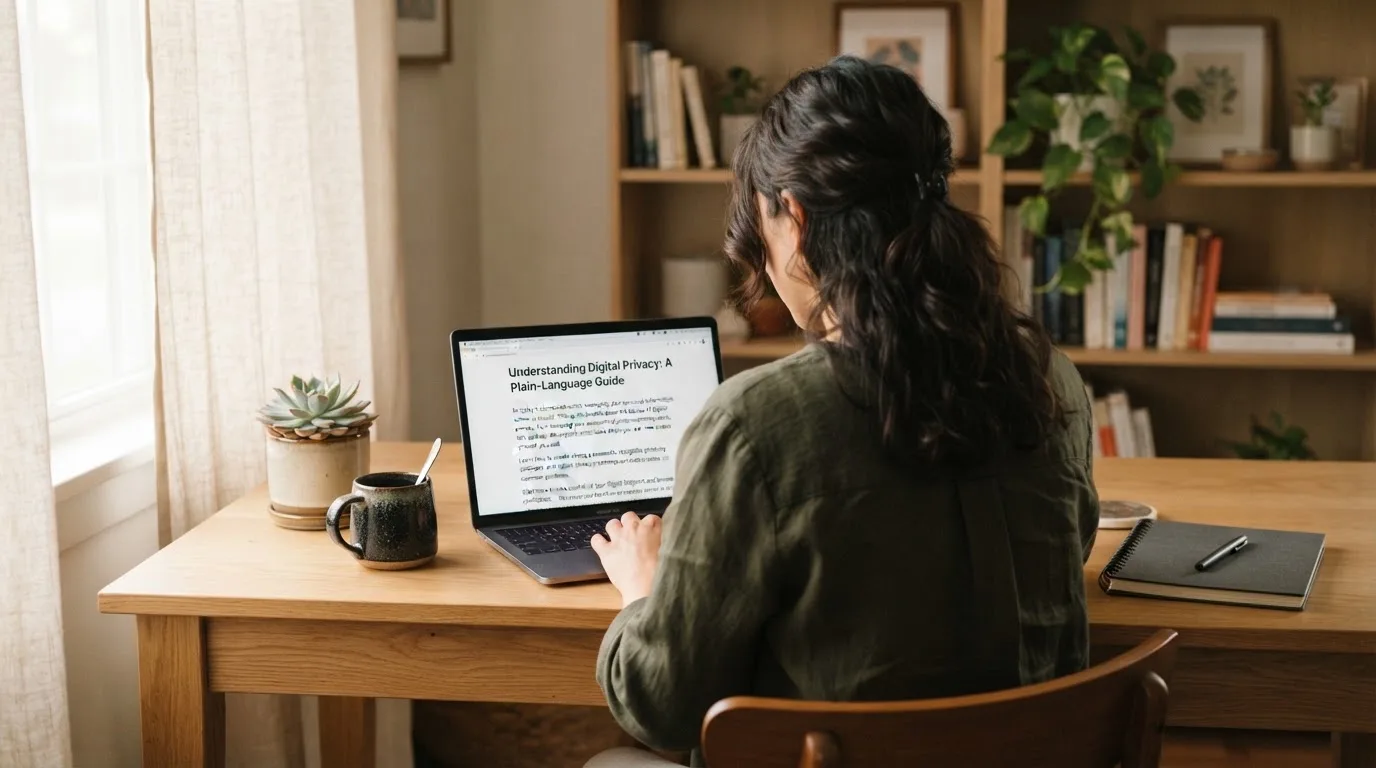 A person at a laptop reading a plain-language explainer article at a home desk.