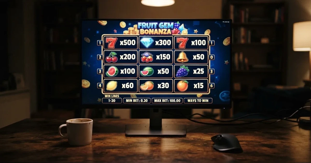 A slot machine's paytable screen glowing on a monitor in a dim room.