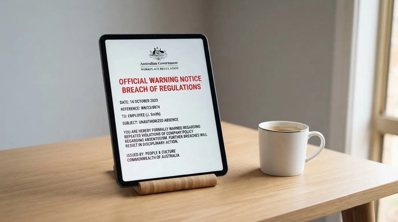 A tablet screen displaying an official regulator warning notice on a desk beside a coffee cup.
