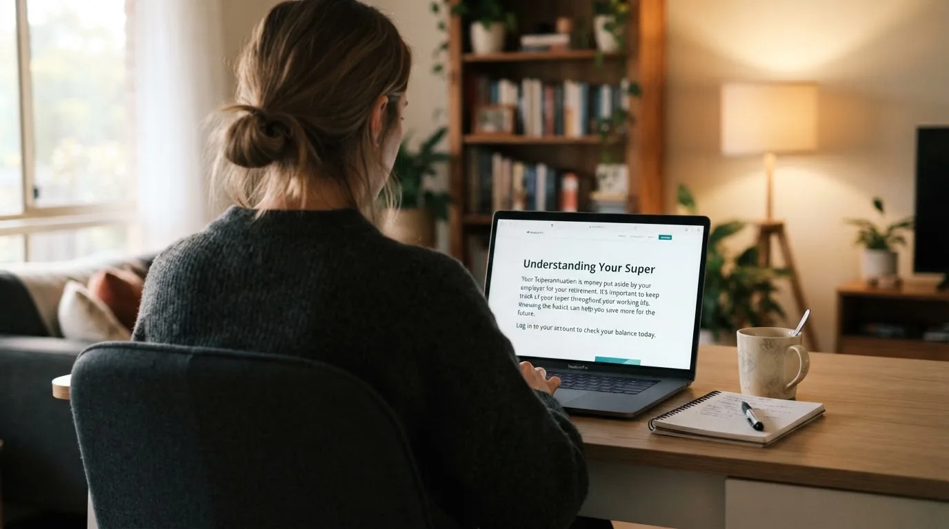 A person at a laptop reading a plain-language explainer article at a home desk.
