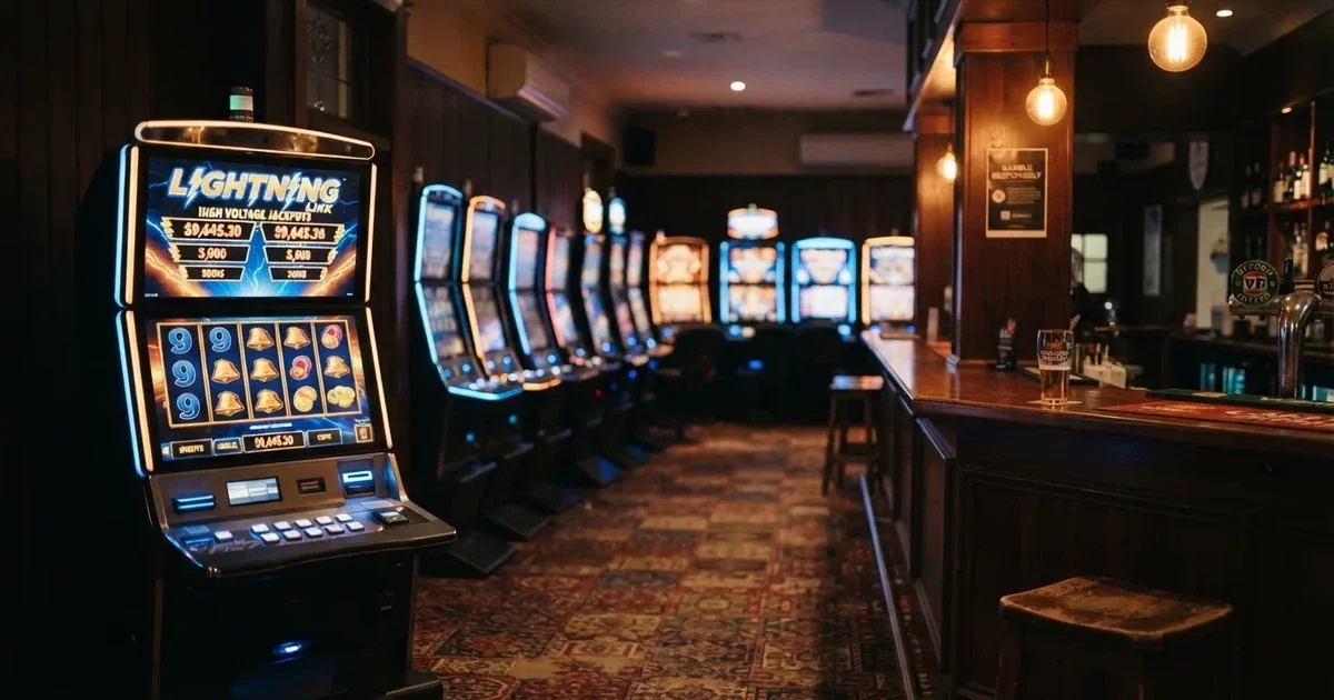 Rows of electronic gaming machines lit up inside a suburban pub near Adelaide's CBD.